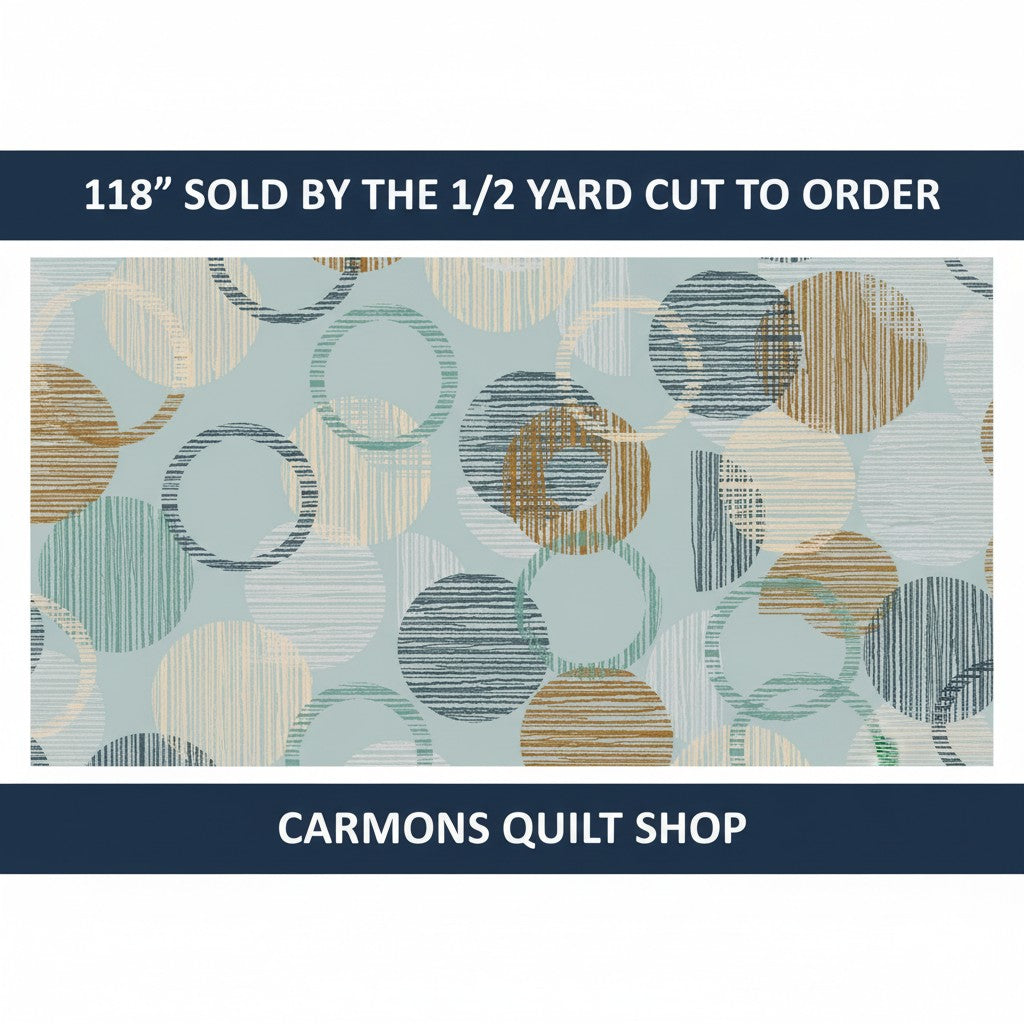Carmon's Quilt Shop 118 inch wide cotton backing fabric featuring a dusty aqua overlapping circle geometric pattern.