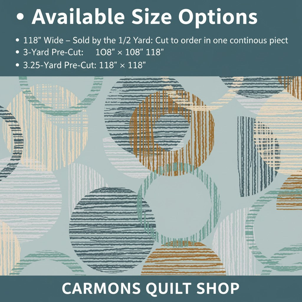 Carmon's Quilt Shop Panorama 118 inch wide cotton backing fabric featuring a dusty aqua overlapping circle geo pattern