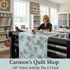 Carmon's Quilt Shop dusty aqua cotton fabric with overlapping circle geo print on a longarm quilting machine