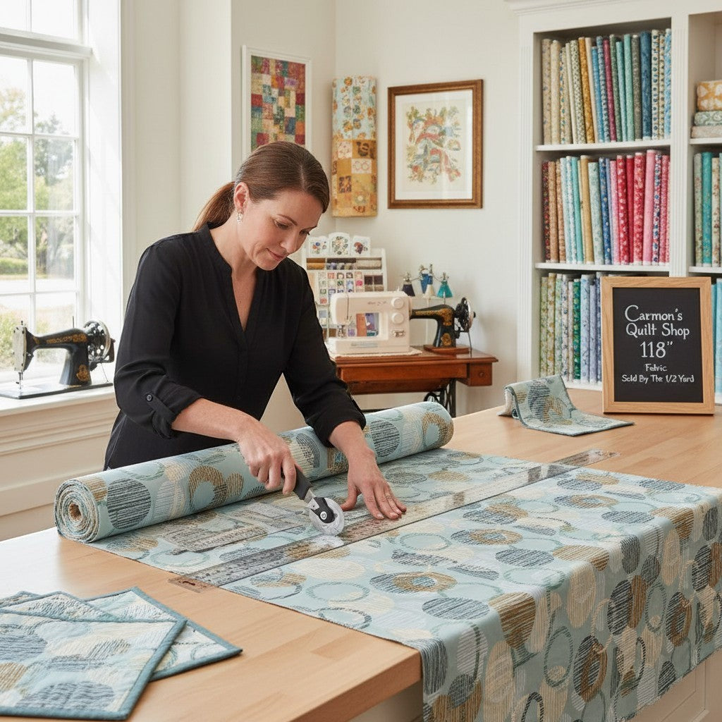 Carmon's Quilt Shop woman cutting dusty aqua Panorama overlapping circle geometric 118 inch wide cotton quilting fabric