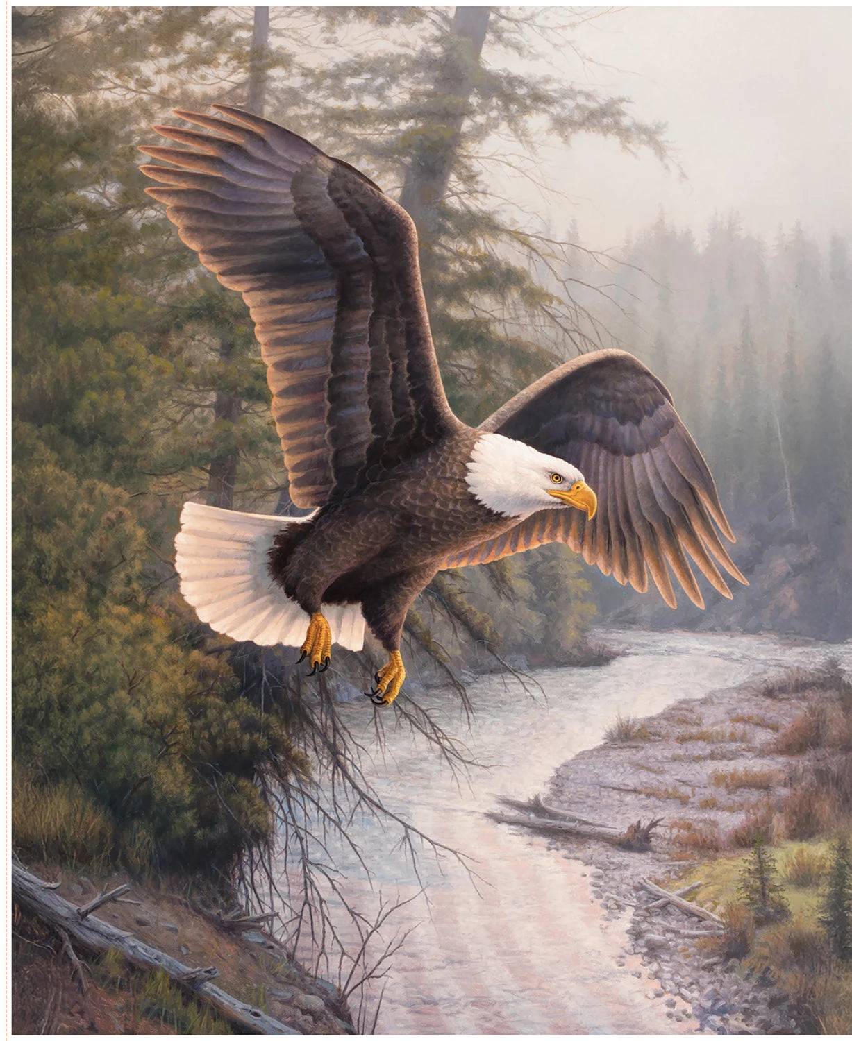Carmon's Quilt Shop cotton fabric panel featuring a majestic bald eagle in flight over a scenic wilderness landscape.