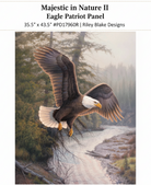 Carmon's Quilt Shop Majestic in Nature II cotton fabric panel featuring a bald eagle soaring over a forest landscape.