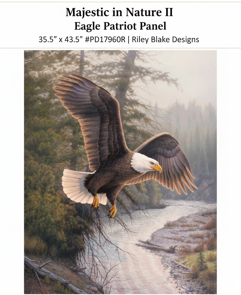Carmon's Quilt Shop Majestic in Nature II cotton fabric panel featuring a bald eagle soaring over a forest landscape.