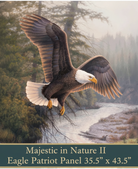 Carmon's Quilt Shop Majestic in Nature II cotton fabric panel featuring a bald eagle flying over a scenic landscape.