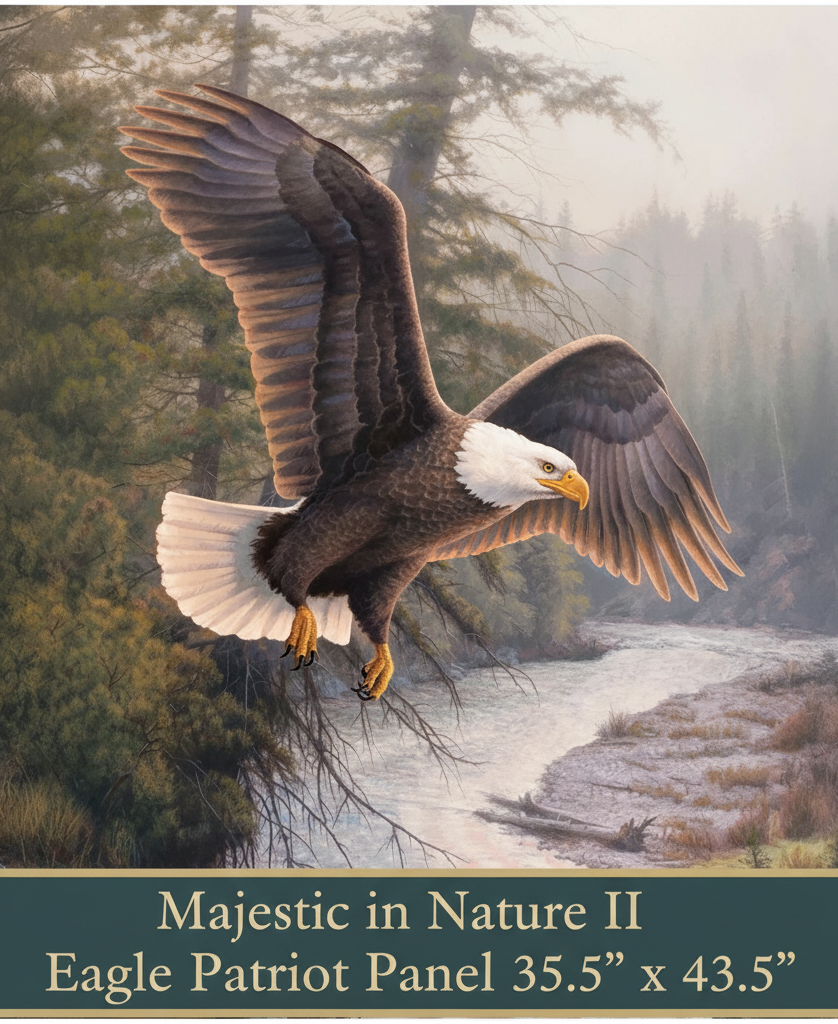 Carmon's Quilt Shop Majestic in Nature II cotton fabric panel featuring a bald eagle flying over a scenic landscape.