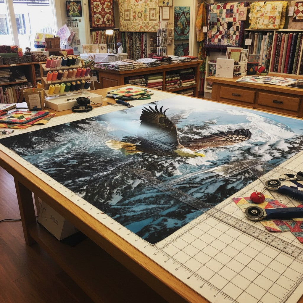Carmon's Quilt Shop Hoffman Fabrics eagle mountain landscape cotton quilt panel on a cutting mat in a sewing studio.