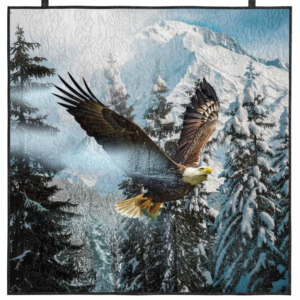 Carmon's Quilt Shop Call Of The Wild cotton fabric panel featuring a bald eagle soaring over snowy mountain landscape