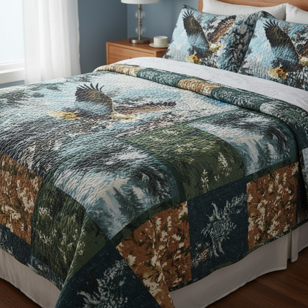 Carmon's Quilt Shop Call Of The Wild eagle mountain quilt panel featuring a scenic landscape on 100% cotton fabric.