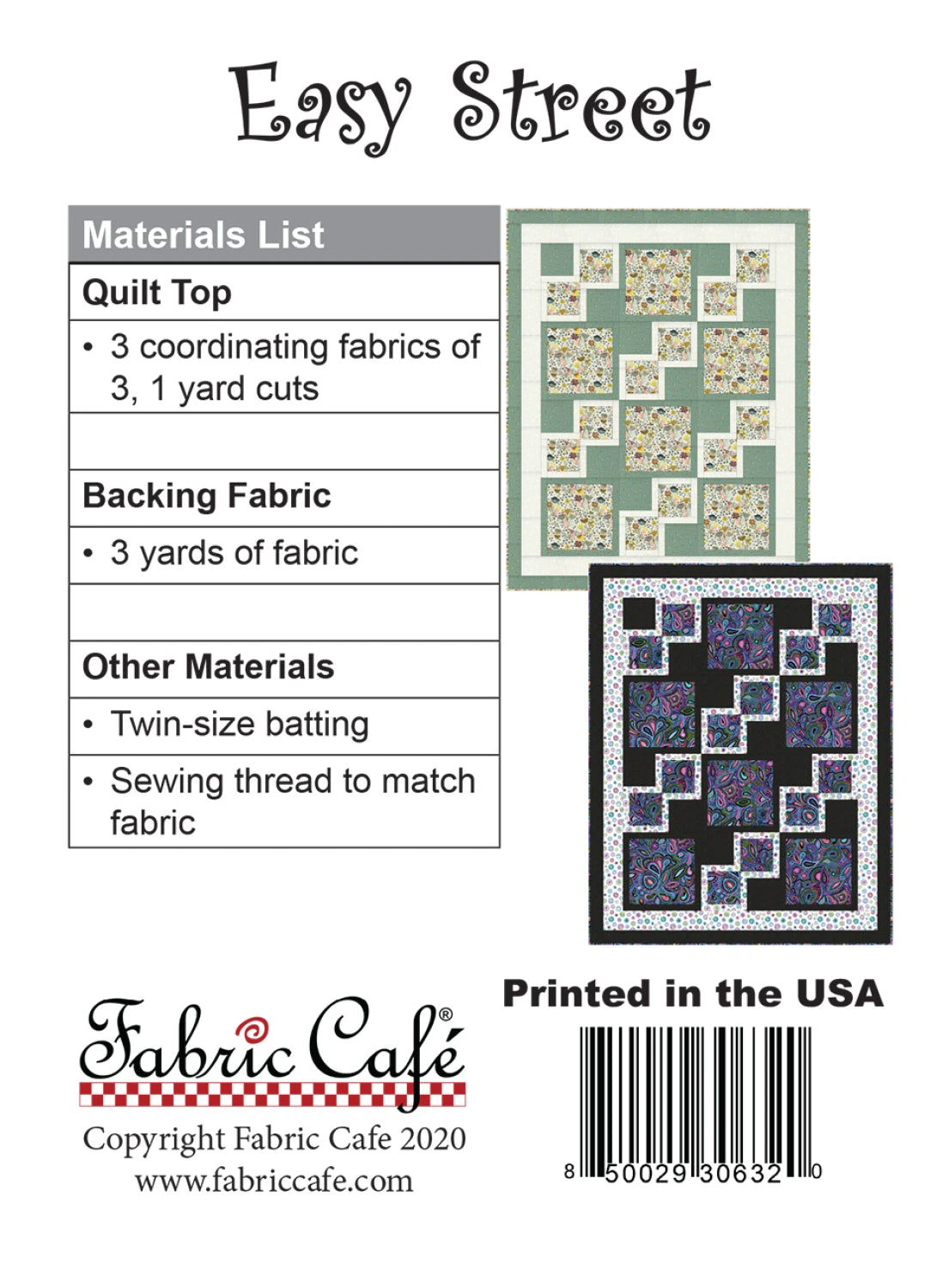 Carmon's Quilt Shop Easy Street quilt pattern cover showing two finished quilt designs and a materials list.