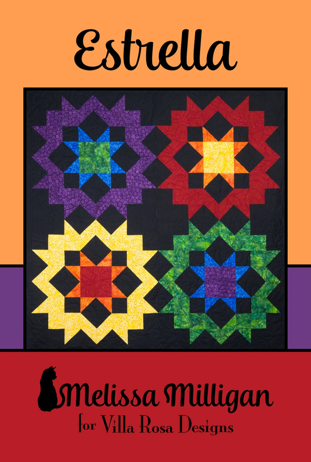 Carmon's Quilt Shop Estrella quilt pattern by Villa Rosa Designs featuring four vibrant star blocks on black fabric.