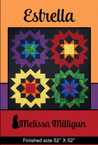 Carmon's Quilt Shop Estrella quilt pattern featuring four vibrant star blocks on a black background