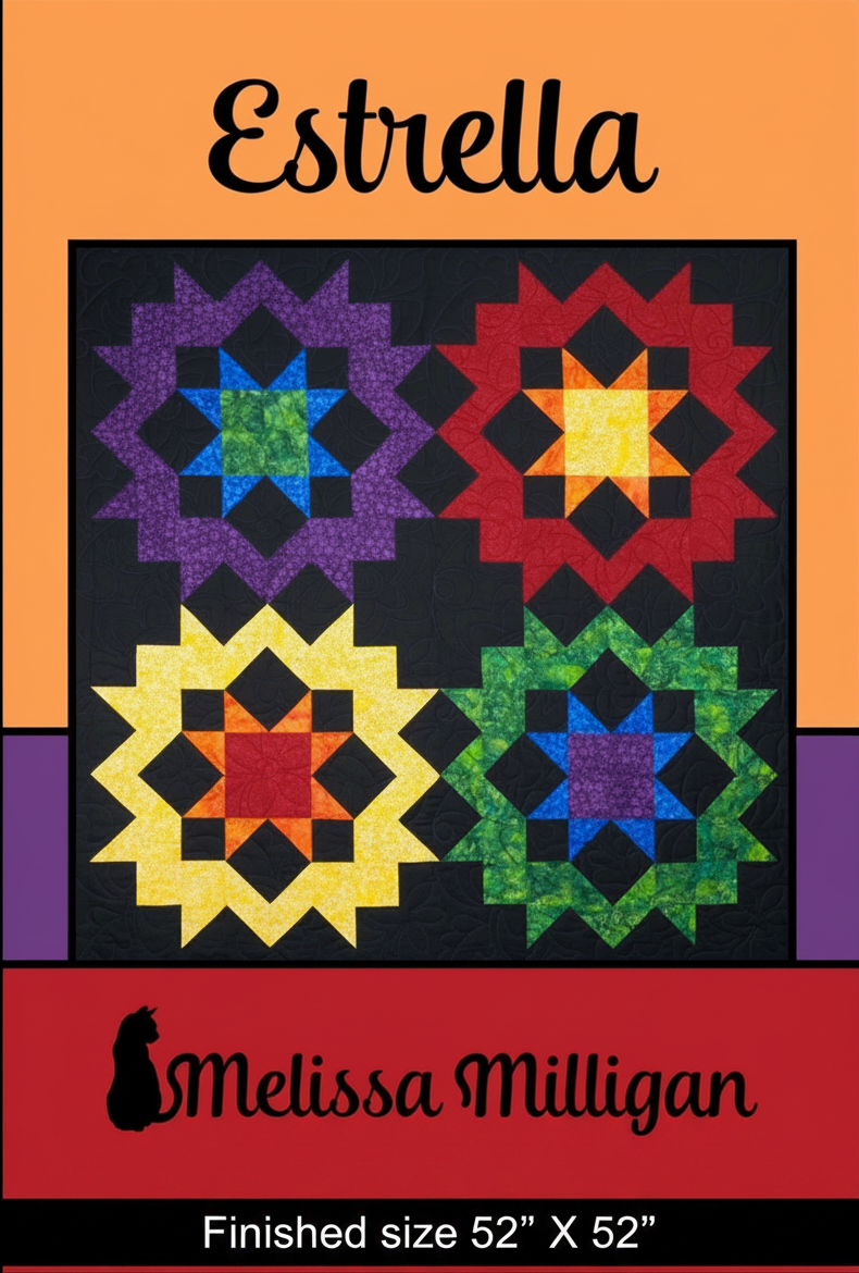 Carmon's Quilt Shop Estrella quilt pattern featuring four vibrant star blocks on a black background