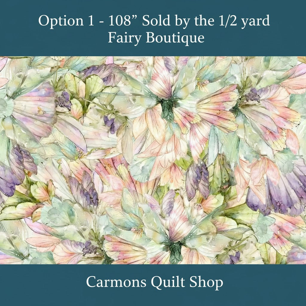 Carmon's Quilt Shop Fairy Boutique Make a Wish multi-colored 108-inch wide cotton quilt backing fabric with floral print