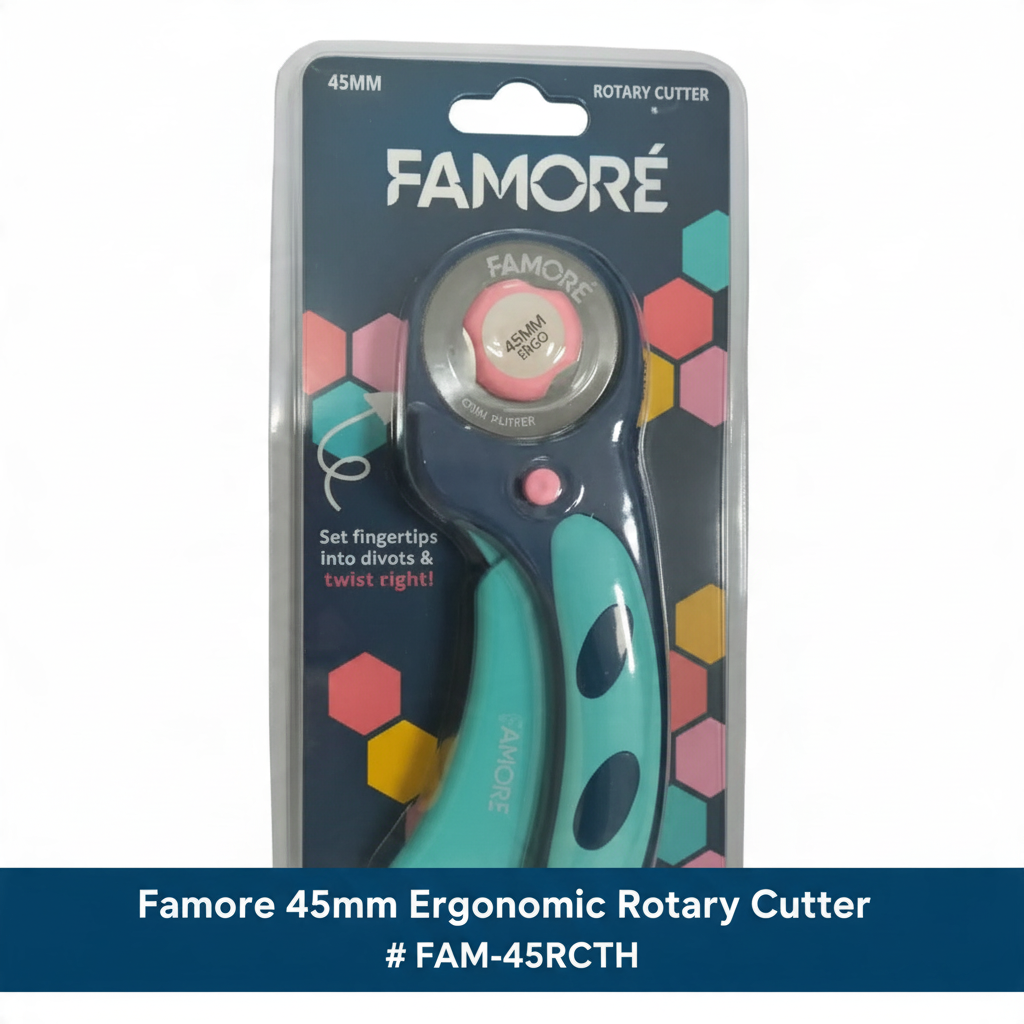 Carmon's Quilt Shop Famore 45mm ergonomic rotary cutter in teal and pink packaging for quilting and fabric cutting.
