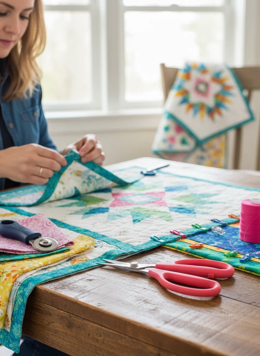 Carmon's Quilt Shop FAMORÉ precision crafting scissors with pink ergonomic handles resting on a wooden quilting table.