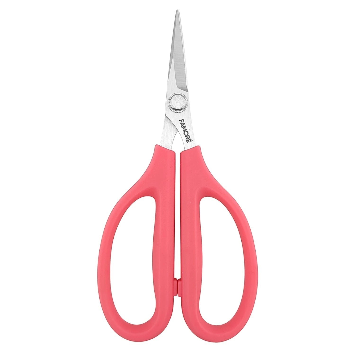 Carmon's Quilt Shop FAMORÉ 6.25-inch precision crafting scissors with stainless steel blades and ergonomic pink handles.