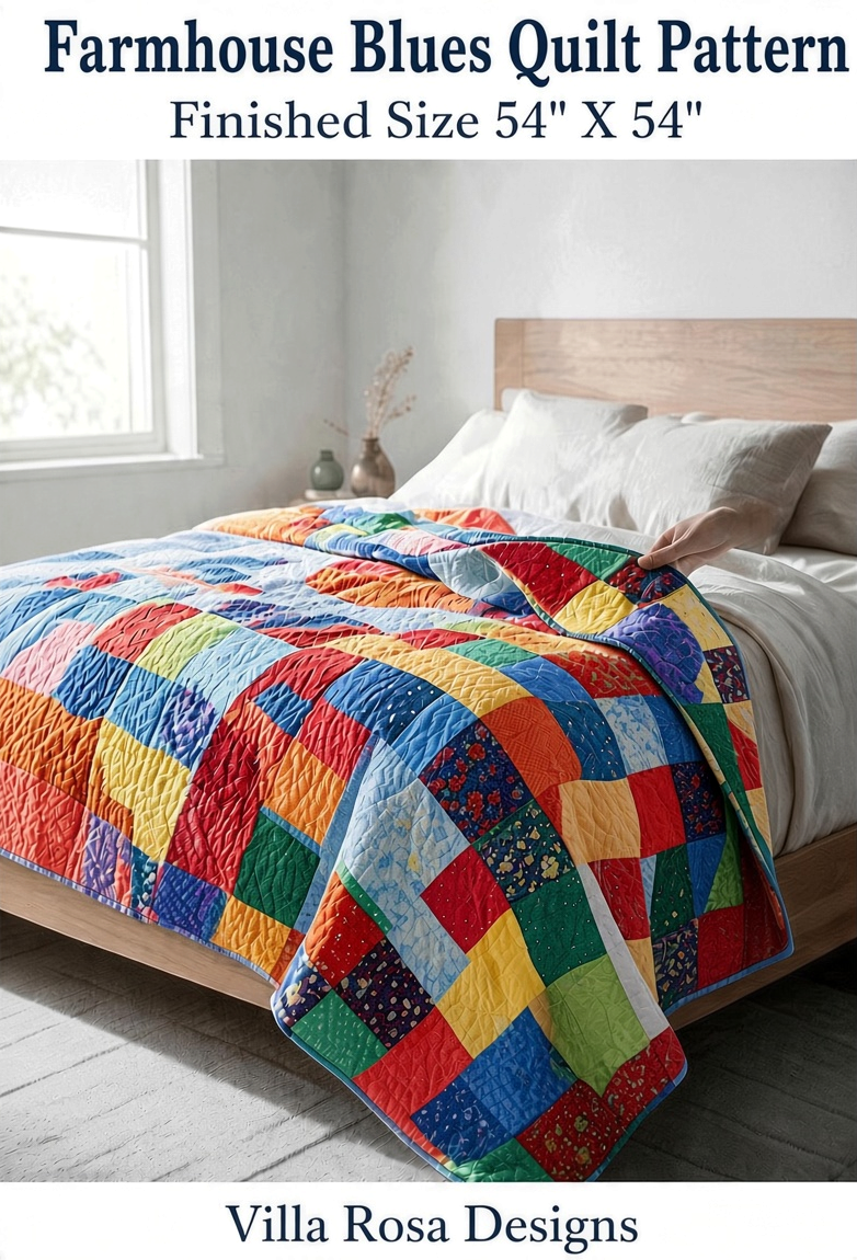 Carmon's Quilt Shop Farmhouse Blues patchwork quilt pattern featuring colorful squares on a wooden bed frame