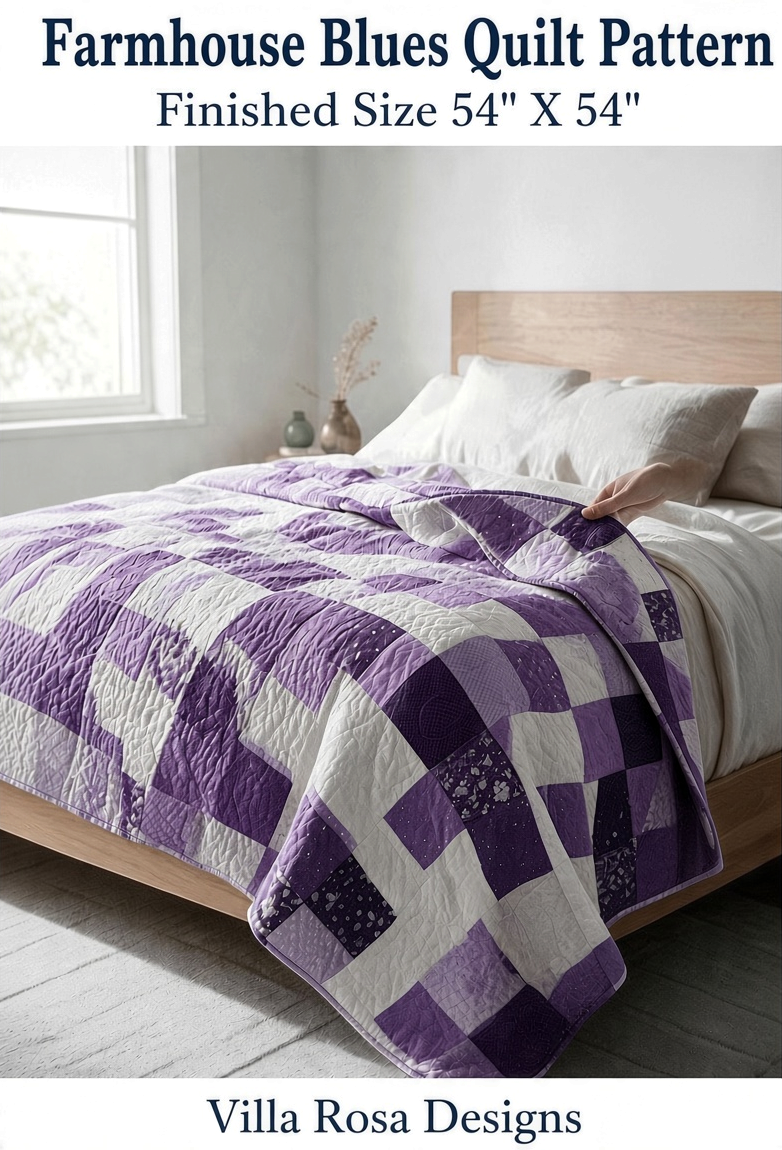 Carmon's Quilt Shop Farmhouse Blues patchwork quilt pattern featuring purple and white squares on a wooden bed frame