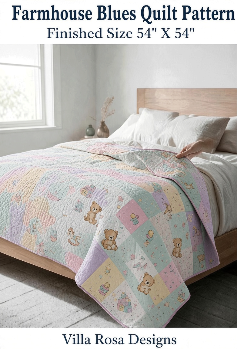 Carmon's Quilt Shop Farmhouse Blues quilt pattern featuring pastel patchwork squares with teddy bear motifs on a bed.