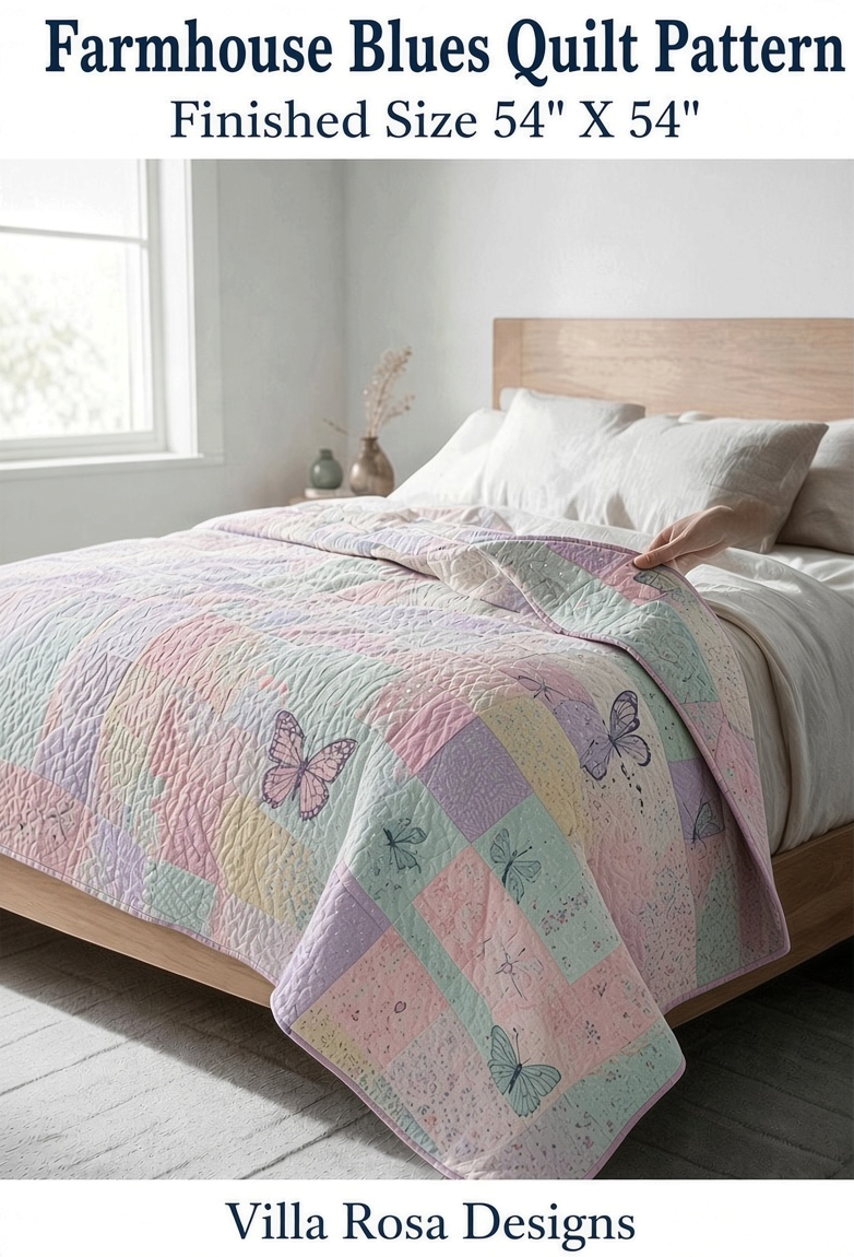 Carmon's Quilt Shop Farmhouse Blues quilt pattern featuring pastel patchwork squares with butterfly motifs on a bed