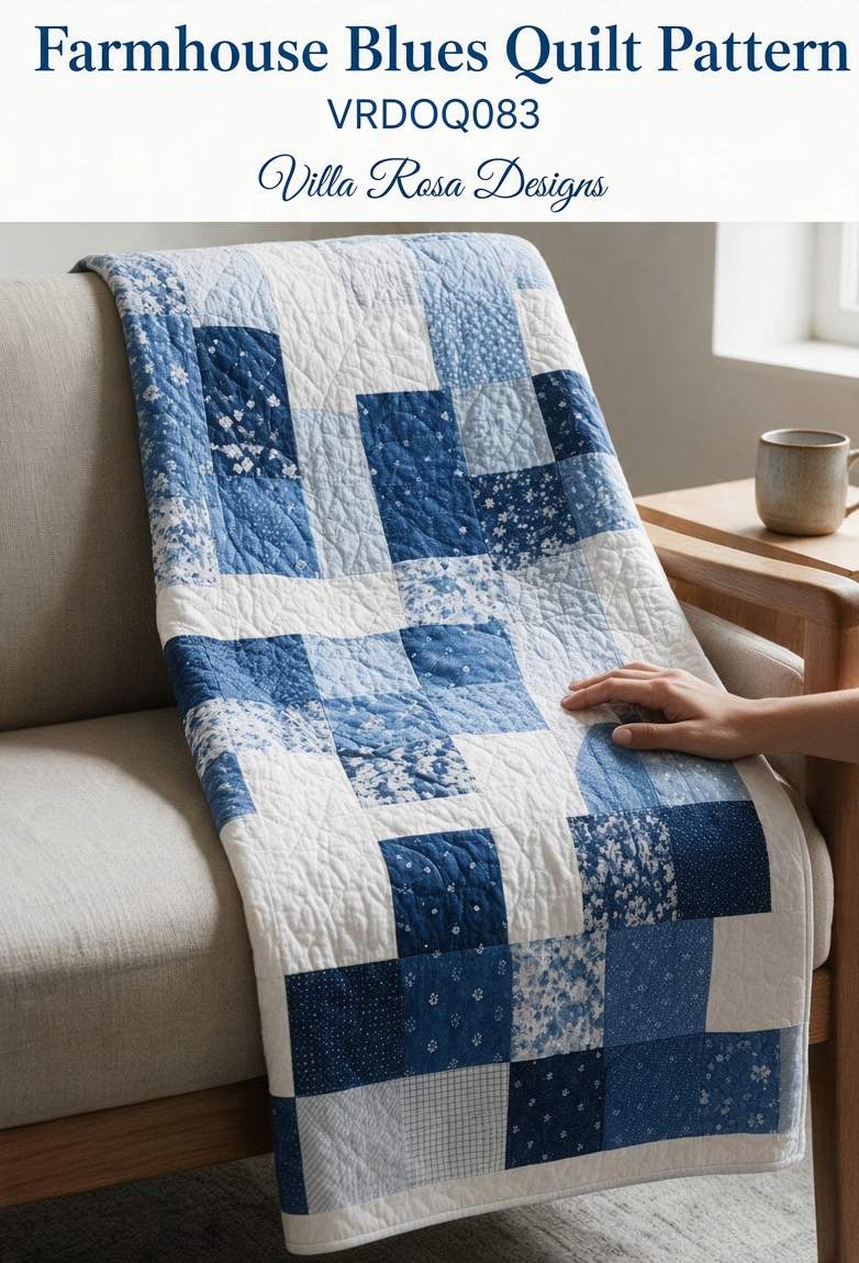 Carmon's Quilt Shop Farmhouse Blues quilt pattern featuring blue and white patchwork squares on a cozy sofa