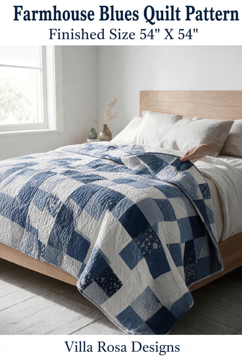 Carmon's Quilt Shop Farmhouse Blues quilt pattern featuring blue and white patchwork squares on a wooden bed frame.