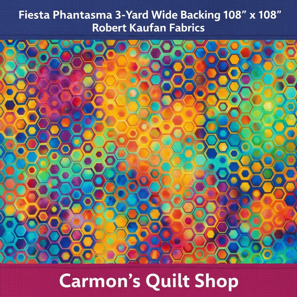 Carmon's Quilt Shop Fiesta Phantasma 108-inch wide cotton quilt backing with a colorful geometric hexagon pattern.