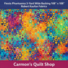 Carmon's Quilt Shop Fiesta Phantasma 108-inch wide cotton quilt backing with a colorful geometric hexagon pattern.