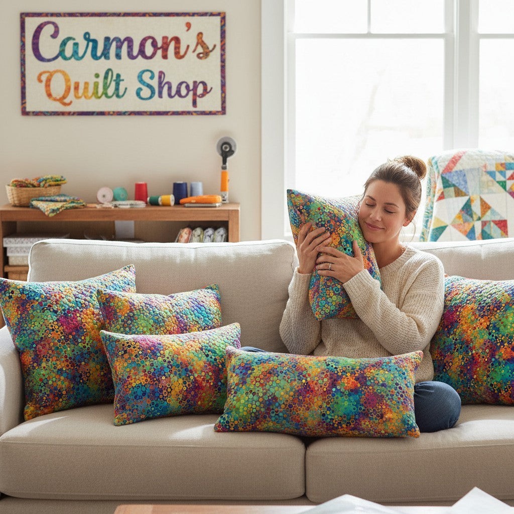 Carmon's Quilt Shop woman hugging a pillow made from colorful Fiesta Phantasma hexagon cotton fabric on a sofa