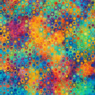 Carmon's Quilt Shop Fiesta Phantasma 108-inch cotton fabric with a vibrant, colorful hexagon and starburst pattern.