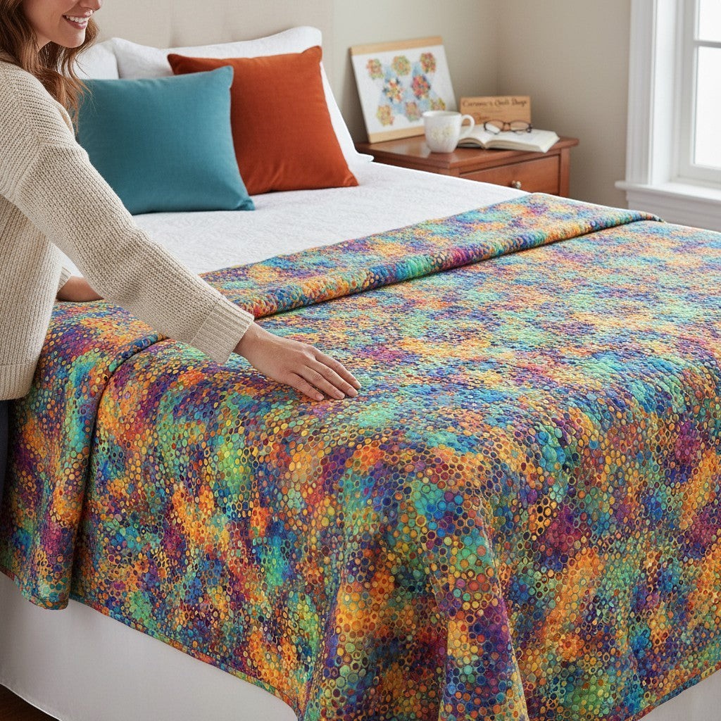 Carmon's Quilt Shop Fiesta Phantasma 108-inch cotton quilt backing with a colorful geometric hexagon starburst pattern