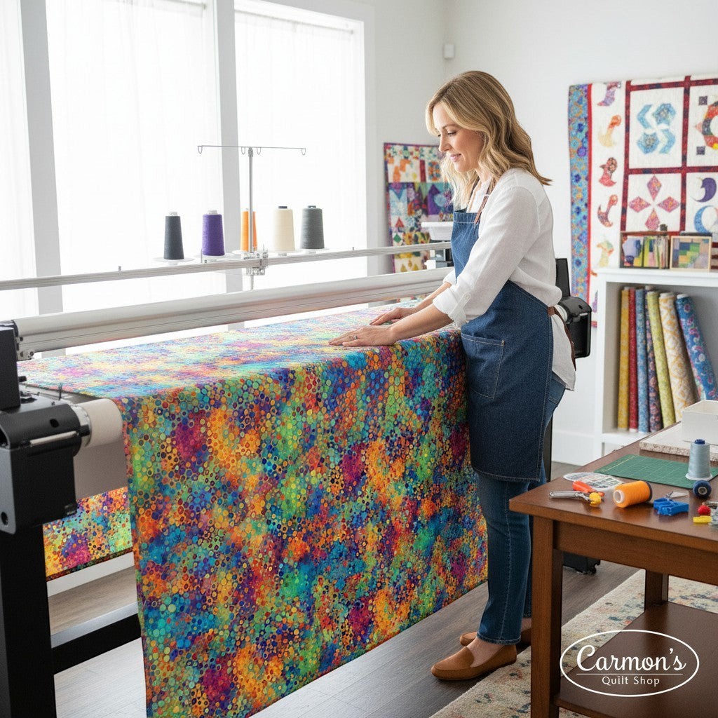 Carmon's Quilt Shop features a woman using a longarm machine with vibrant Fiesta Phantasma hexagon cotton quilt backing.