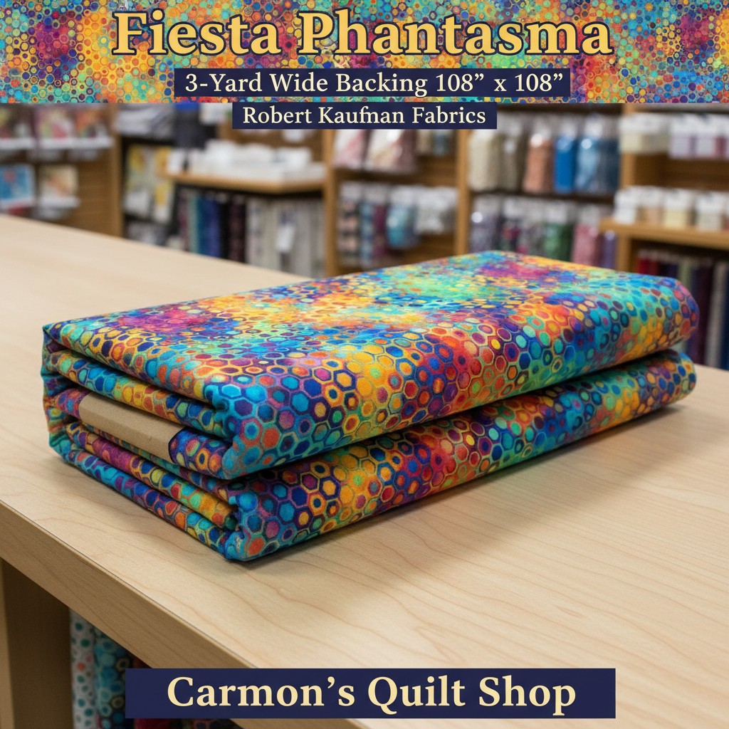 Carmon's Quilt Shop Fiesta Phantasma 108-inch wide cotton quilt backing with a colorful geometric hexagon starburst print.
