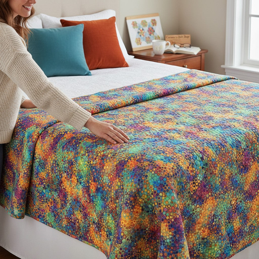Carmon's Quilt Shop Fiesta Phantasma wide 108" cotton fabric with a vibrant honeycomb pattern in blues, yellows, oranges, purples, green, and pink.