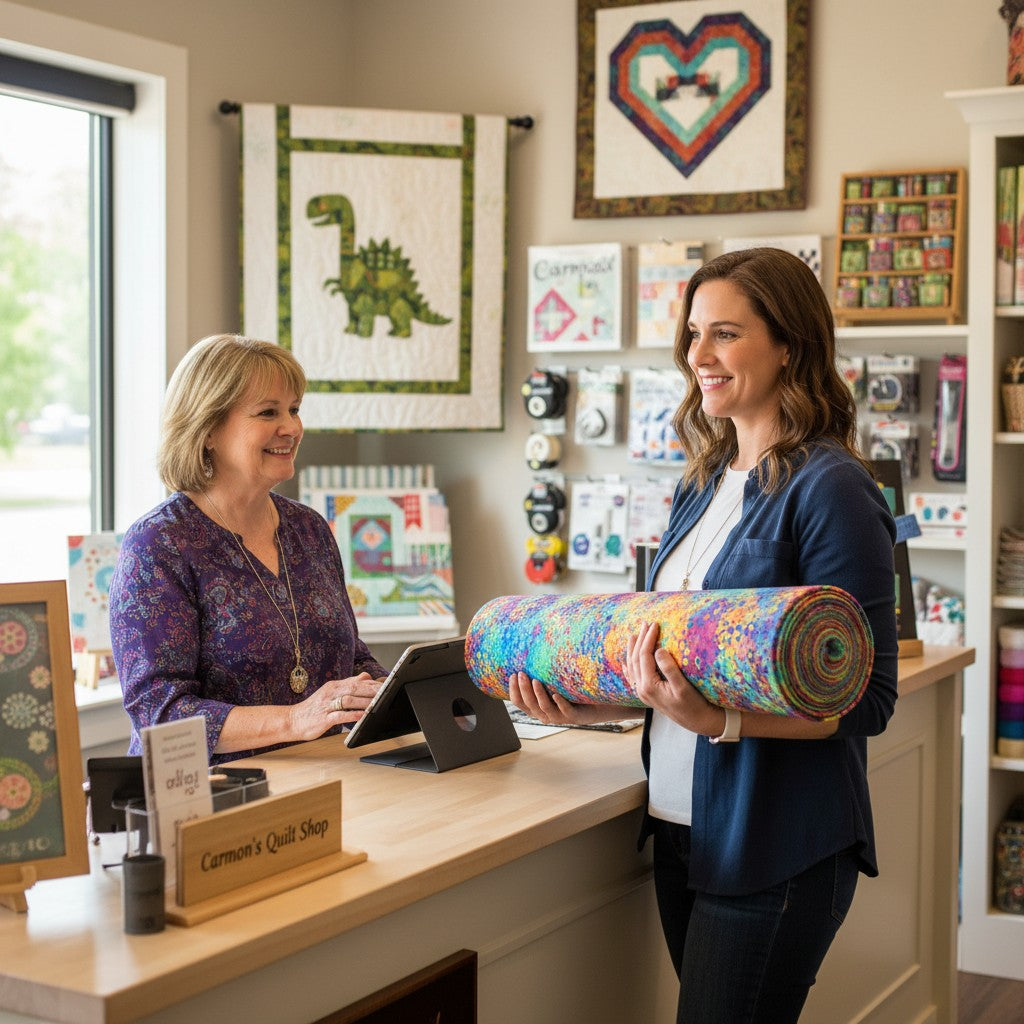 Carmon's Quilt Shop: Woman holds a rolled-up wide fabric with a vibrant, colorful geometric honeycomb pattern in blues, yellows, oranges, purples, green, and pink.