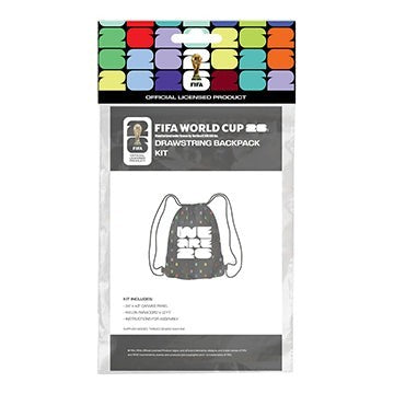 Carmon's Quilt Shop FIFA World Cup 2022 drawstring backpack kit with black fabric, colorful polka dots, and "WE ARE 2022" slogan.