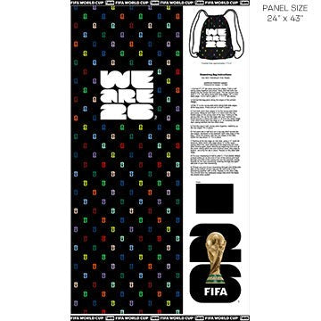 Carmon's Quilt Shop FIFA World Cup 2022 drawstring backpack kit panel with black background, colorful polka dots, and "WE ARE 2022" text.
