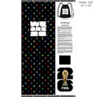 Carmon's Quilt Shop FIFA World Cup 2022 drawstring backpack kit panel with black background, colorful polka dots, and "WE ARE 2022" text.