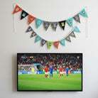 Carmon's Quilt Shop FIFA World Cup 2026 bunting kit with colorful pennants featuring football graphics and patterns.