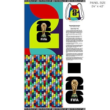 Carmon's Quilt Shop FIFA World Cup 26 drawstring backpack kit panel, 24" x 43", featuring colorful abstract designs and trophy graphics.