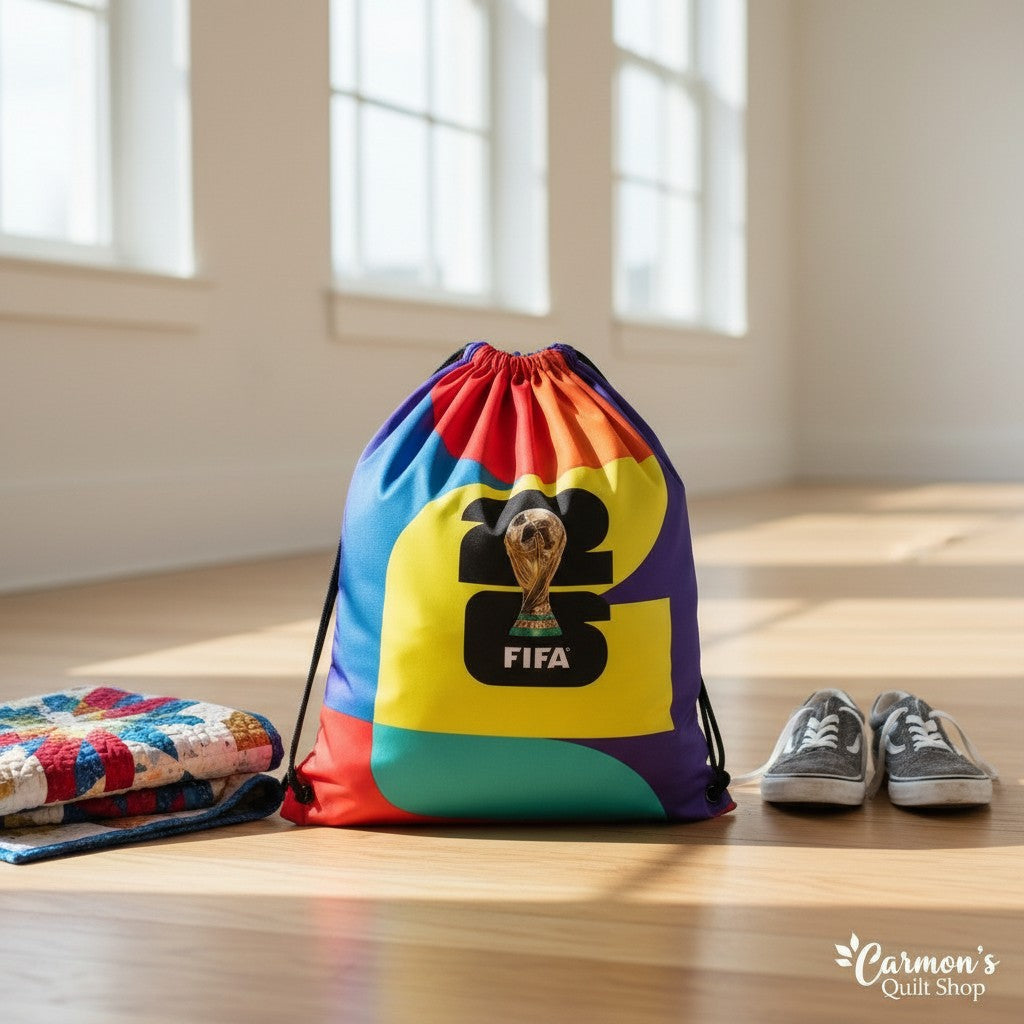 Carmon's Quilt Shop FIFA World Cup 26 drawstring backpack kit with colorful geometric pattern and trophy logo.
