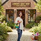 Carmon's Quilt Shop FIFA World Cup 26 drawstring backpack kit in multi-color canvas with white paracord straps.