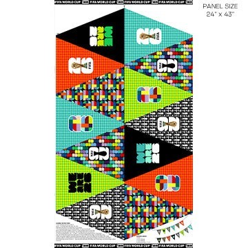 Carmon's Quilt Shop FIFA World Cup fabric panel with geometric pennants in orange, green, black, and blue with FIFA logos.