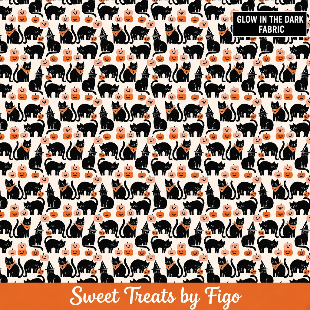 Carmon's Quilt Shop FIGO Fabrics Sweet Treat black cotton fabric featuring cute cats and pumpkins, glow in the dark