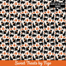 Carmon's Quilt Shop FIGO Fabrics Sweet Treat black cotton fabric featuring cute cats and pumpkins, glow in the dark