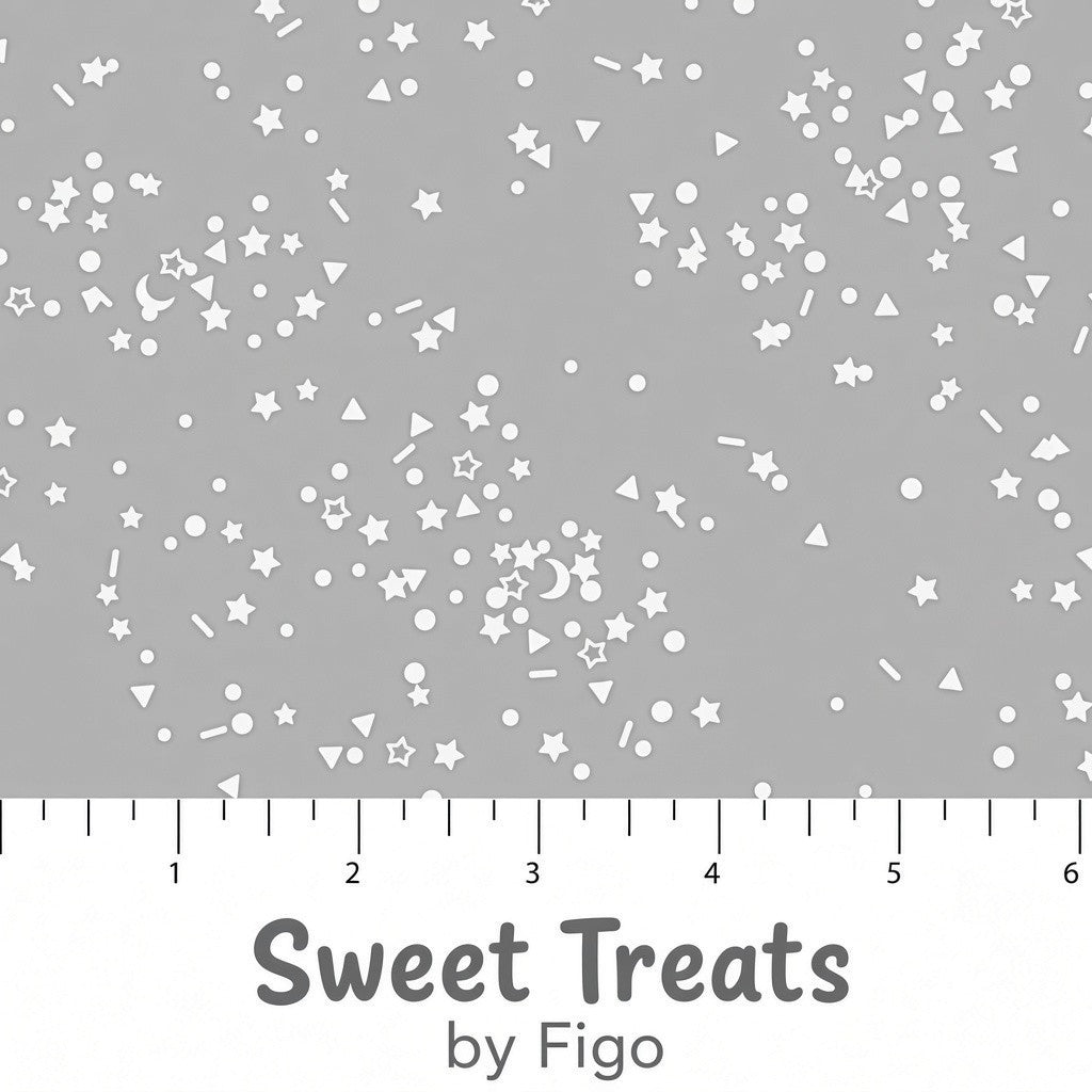 Carmon's Quilt Shop FIGO Fabrics Sweet Treat gray quilting cotton with white star, moon, and sprinkle confetti print