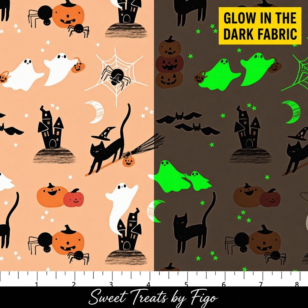 Carmon's Quilt Shop FIGO Fabrics Sweet Treat orange cotton featuring Halloween castles, ghosts, and cats with glow effect