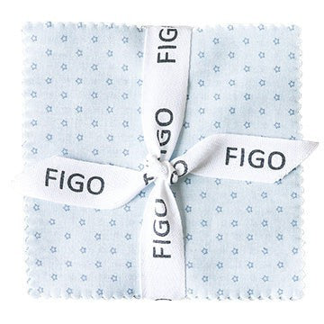 Carmon's Quilt Shop Figo Nest charm pack featuring 42 light blue cotton squares with small star prints and ribbon tie