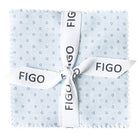 Carmon's Quilt Shop Figo Nest charm pack featuring 42 light blue cotton squares with small star prints and ribbon tie