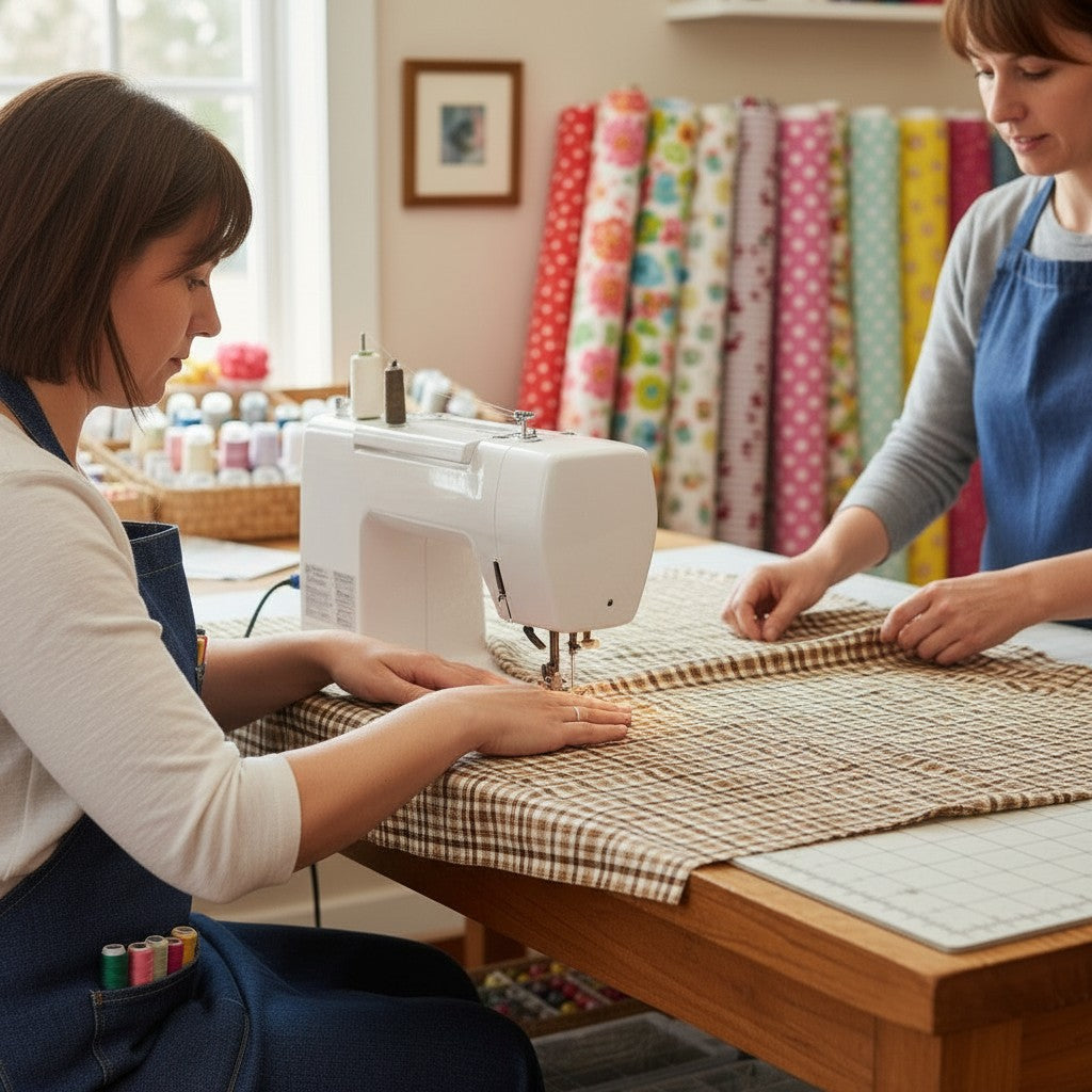 Carmon's Quilt Shop sewing Figo Snowbound Carmel rustic plaid cotton fabric on a machine in a bright studio.